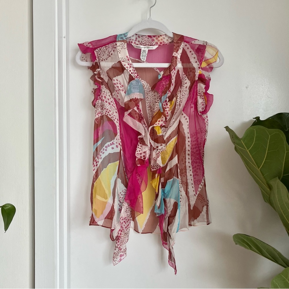 Diane von furstenberg 100% silk multicolor y2k button up frill tank blouse sz 4